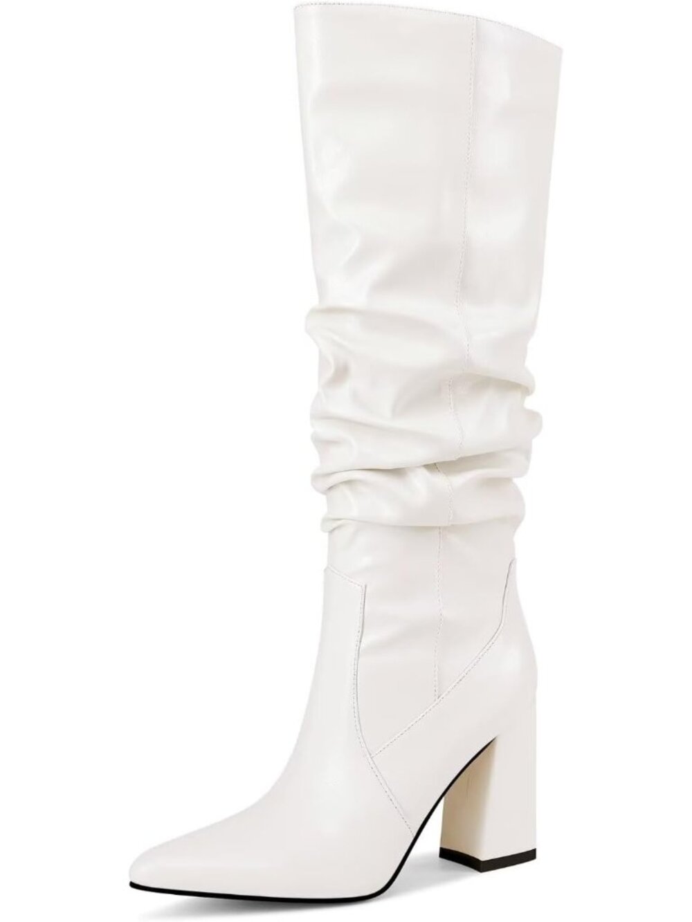 Women's White Knee High Boots Pointed Toe Chunky Block Heel Boots Fashion